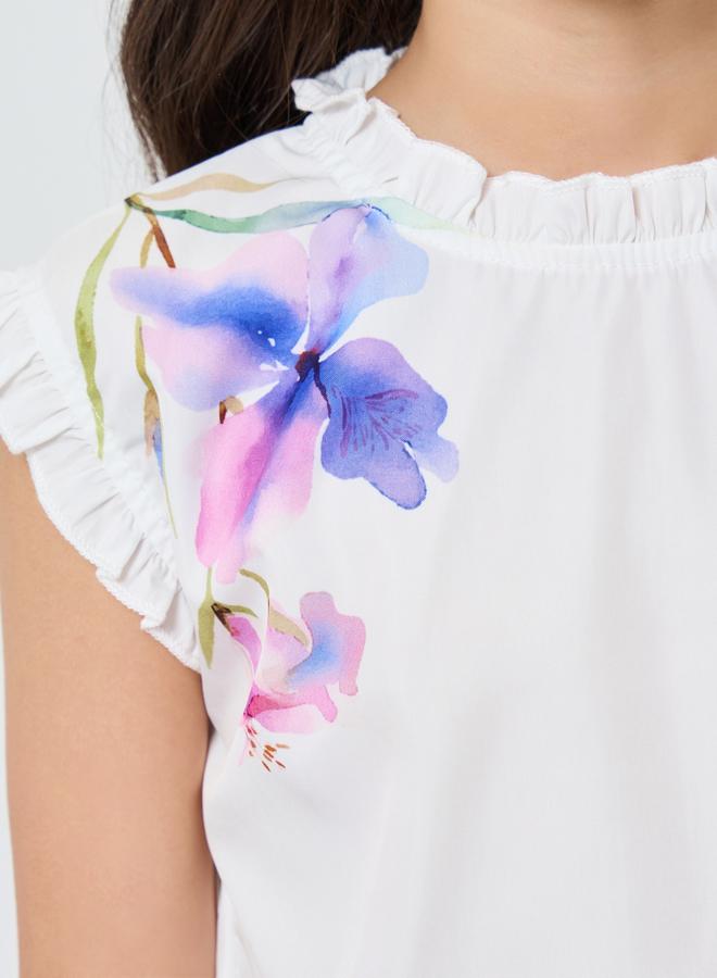 ستايلي طقم من بلوزة وتنورة بطبعة زهور للبنات - Image 3